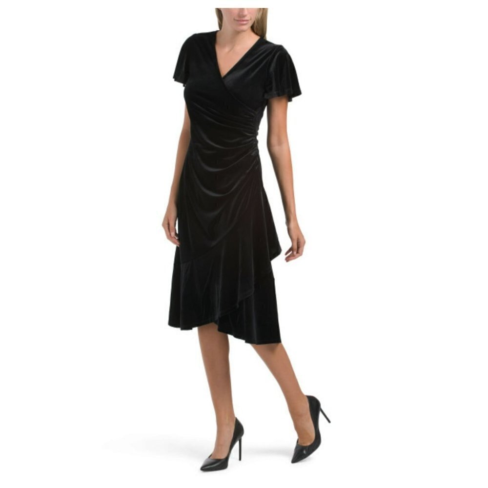 NWT Anne Klein Women's Dahlia Flutter Sleeve Ruffle Skirt Wrap Style Velvet Midi